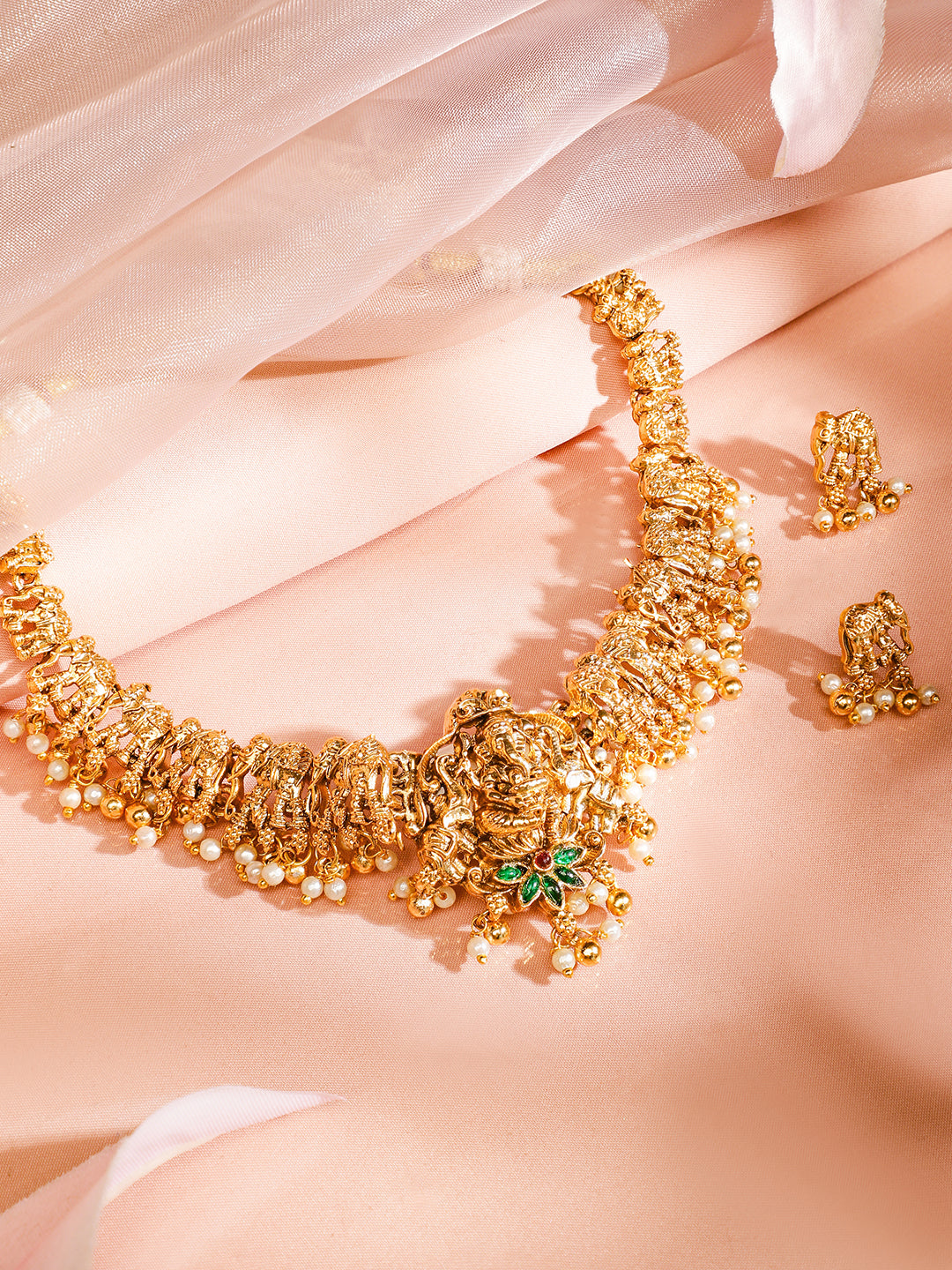 Ganesh & Elephant Motif Pearl Necklace Set フリーサイズ
