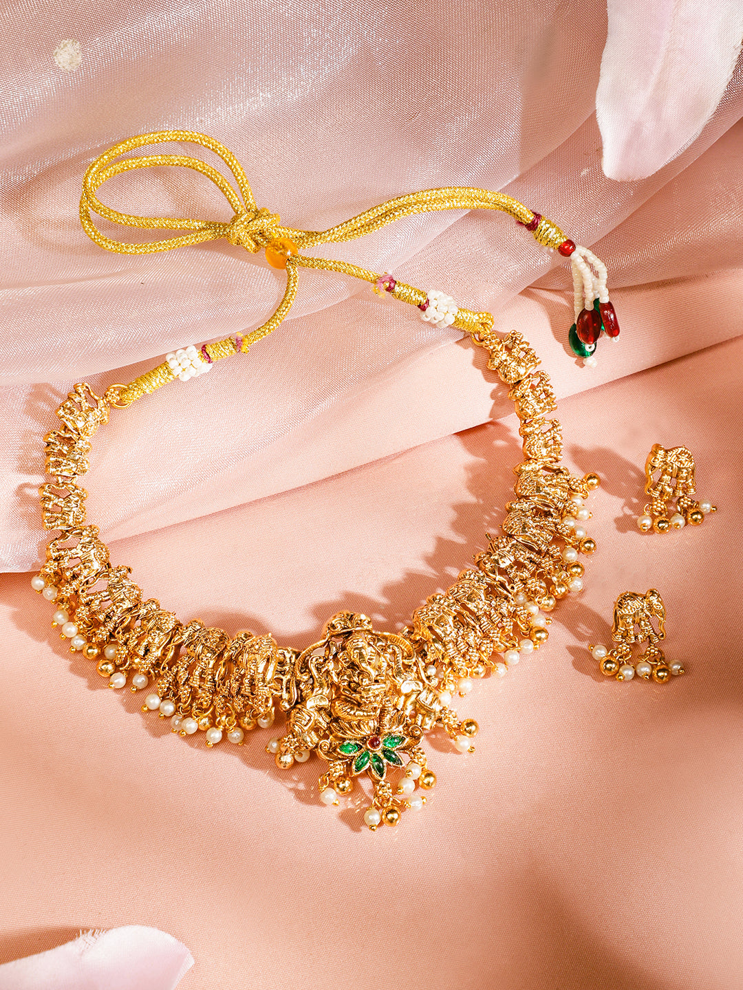 Ganesh & Elephant Motif Pearl Necklace Set フリーサイズ