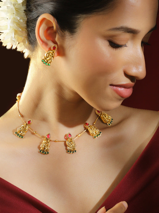 Pink & Green Peacock Motif Golden Necklace Set フリーサイズ