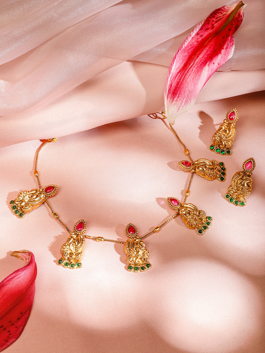 Pink & Green Peacock Motif Golden Necklace Set フリーサイズ