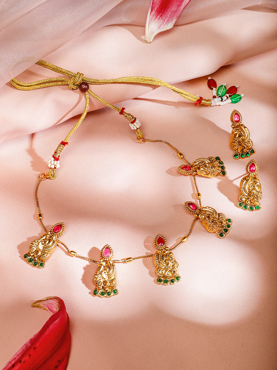 Pink & Green Peacock Motif Golden Necklace Set フリーサイズ