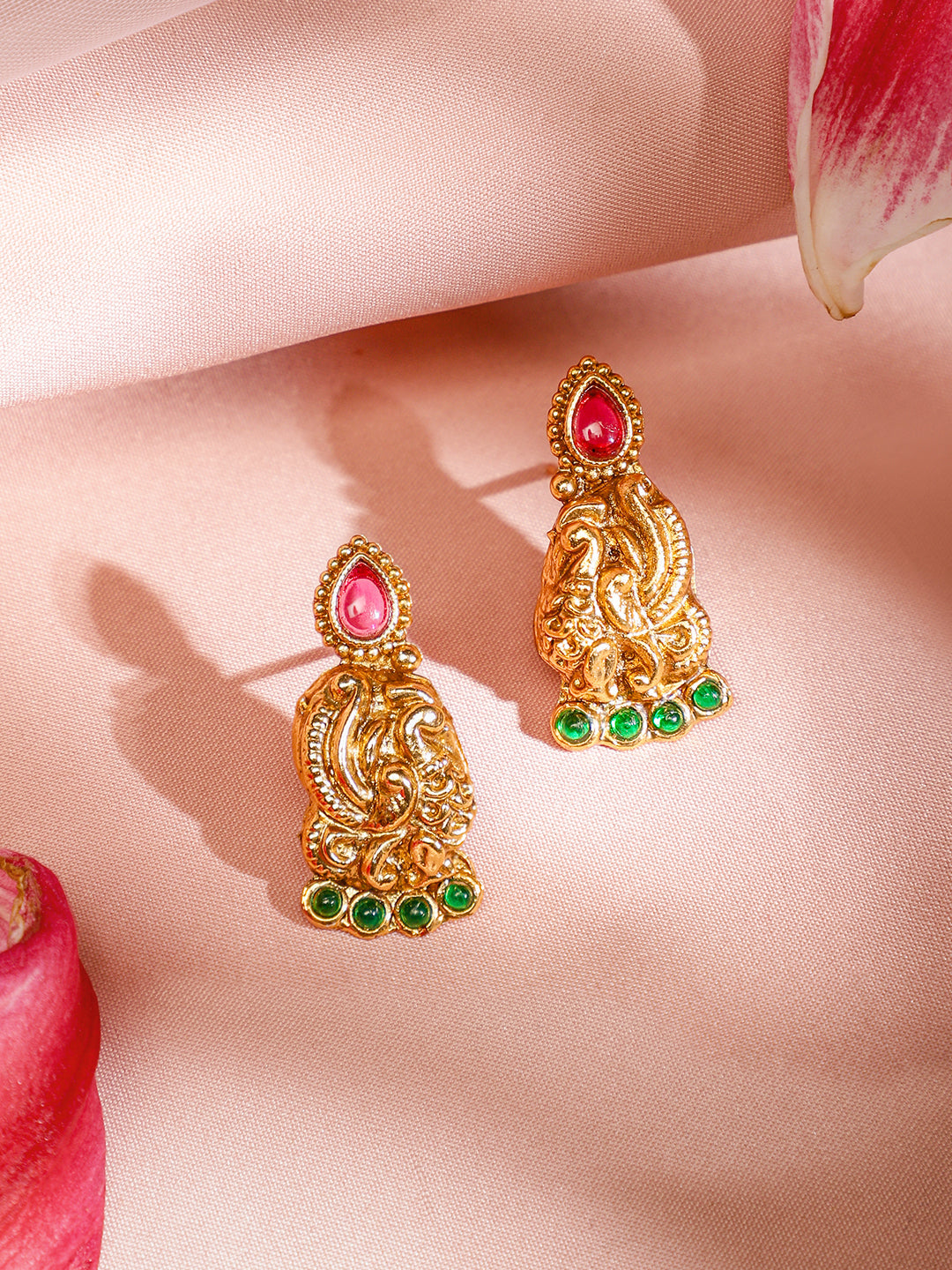 Pink & Green Peacock Motif Golden Necklace Set フリーサイズ
