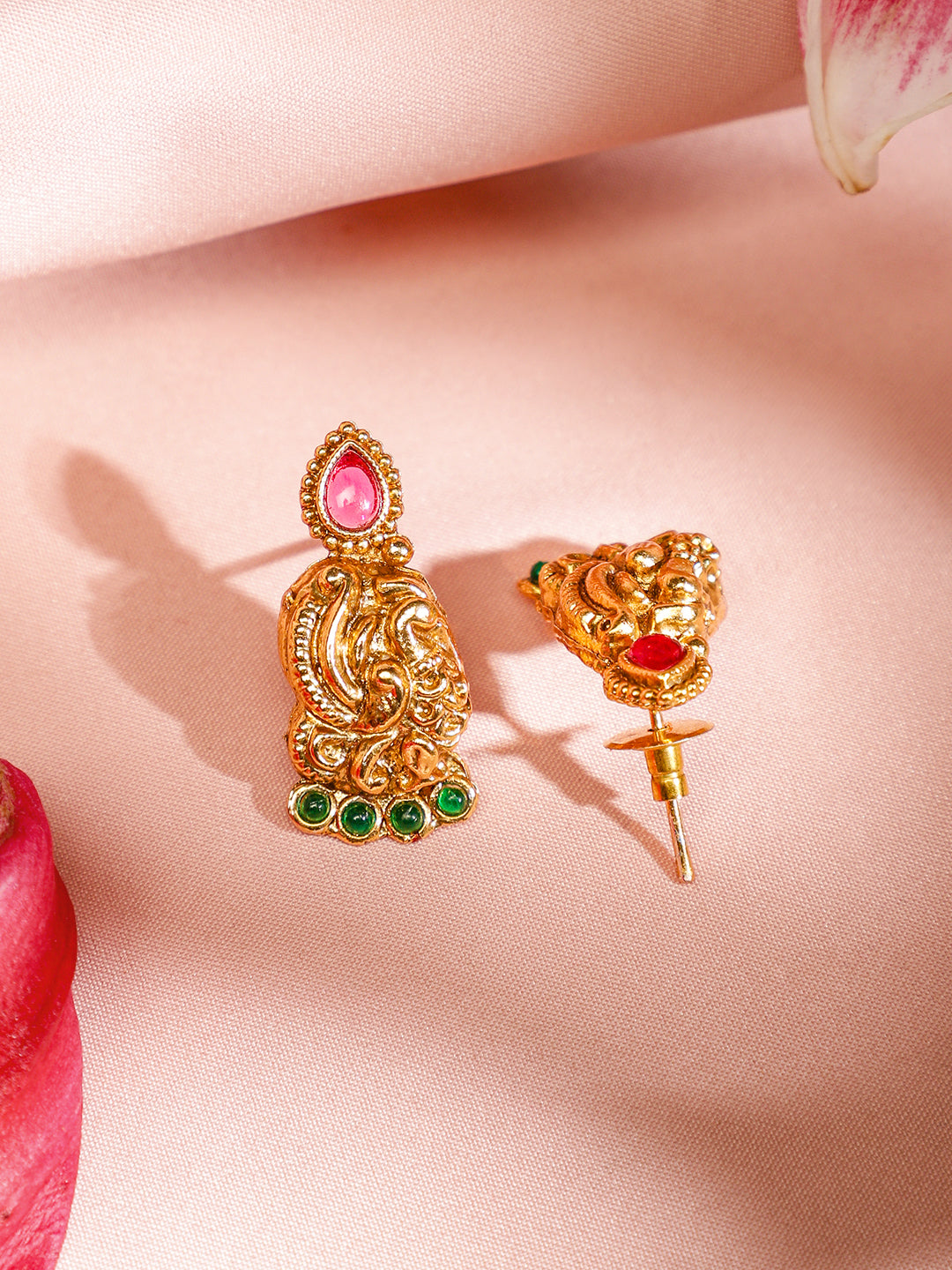 Pink & Green Peacock Motif Golden Necklace Set フリーサイズ