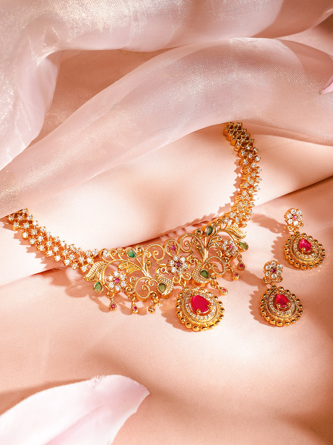 Peacock Motif American Diamond Zirconia Gold Necklace Set Green & pink