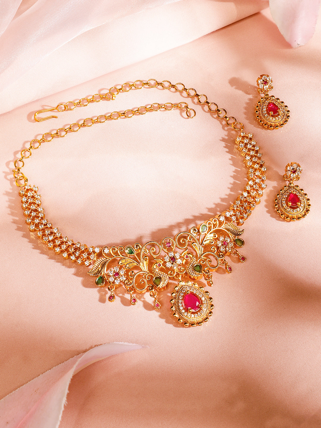 Peacock Motif American Diamond Zirconia Gold Necklace Set Green & pink