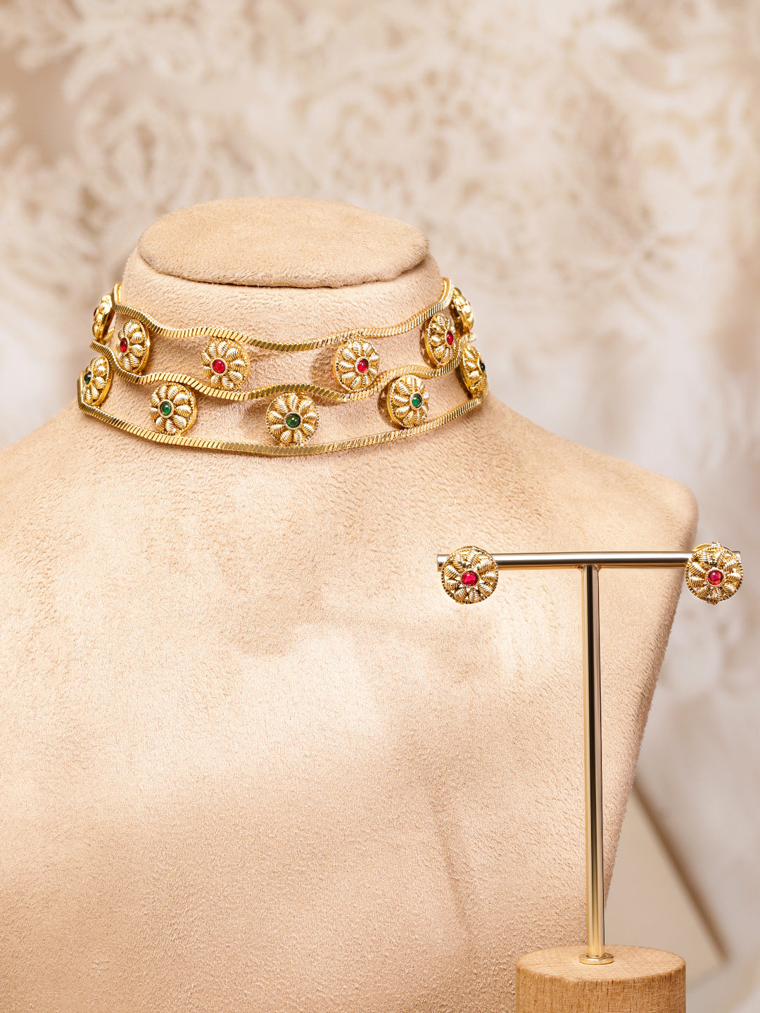 Red & Green Triple Layered Floral Choker Set フリーサイズ