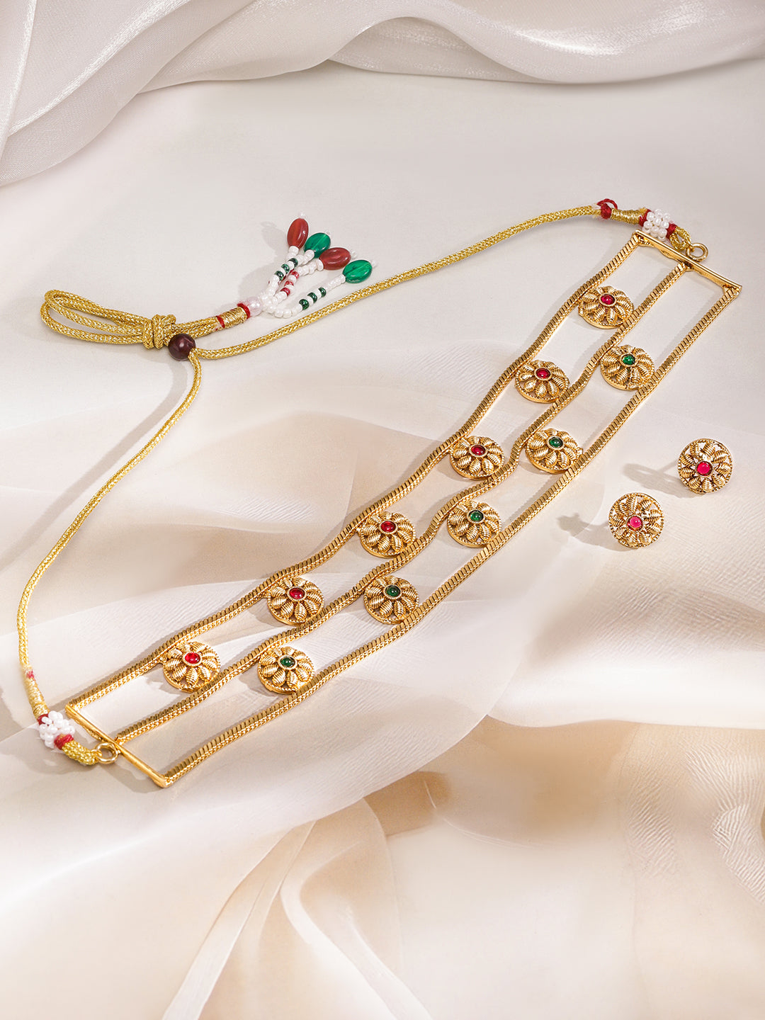 Red & Green Triple Layered Floral Choker Set フリーサイズ