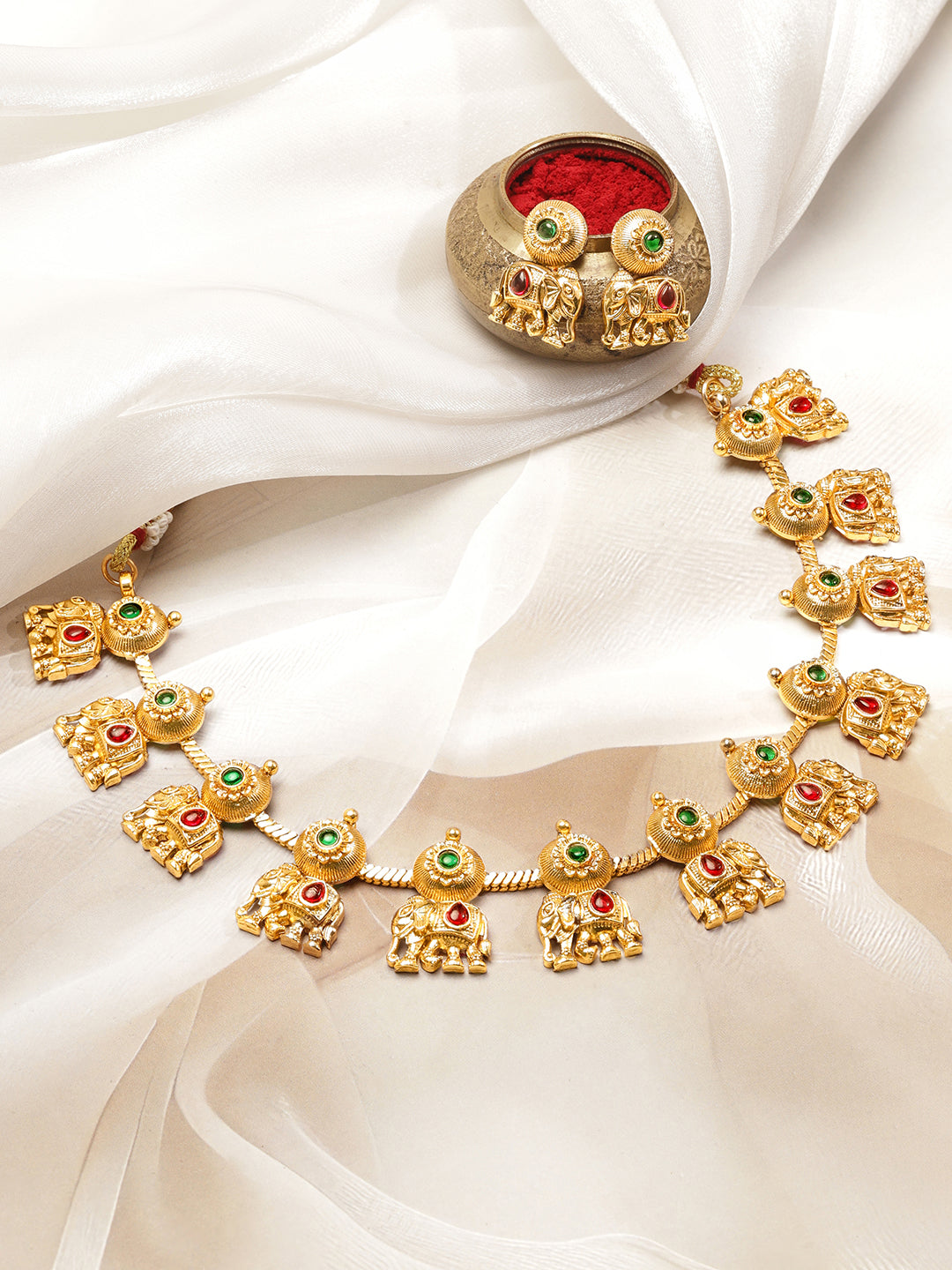 Pink & Green Studded Elephant Motif Necklace Set フリーサイズ