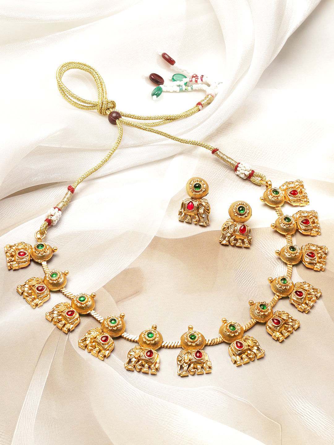 Pink & Green Studded Elephant Motif Necklace Set フリーサイズ