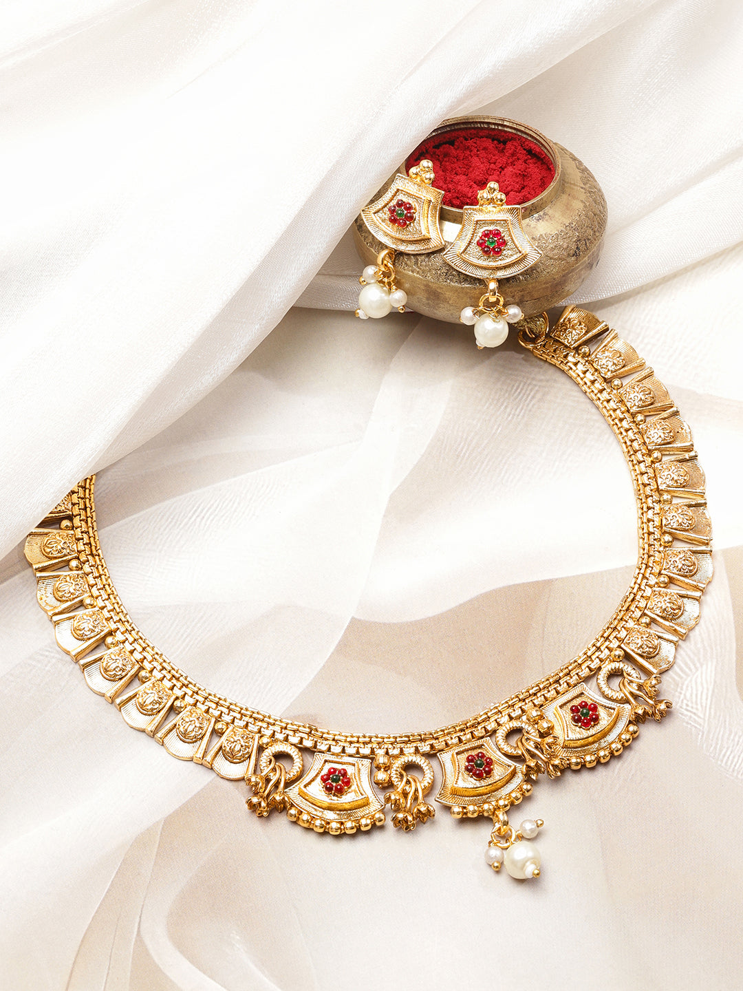 Golden Necklace Set With Pearl Drops フリーサイズ