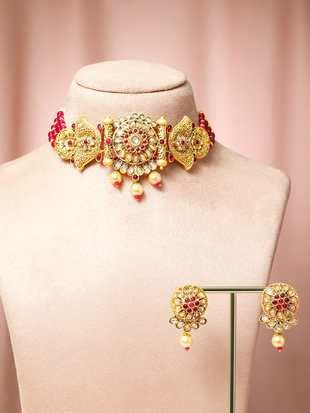Golden choker Set with Ruby & Pearl Detailing Red