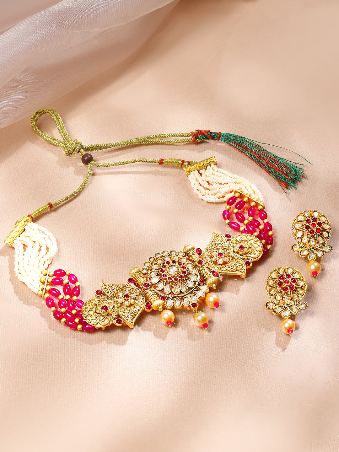 Golden choker Set with Ruby & Pearl Detailing Red