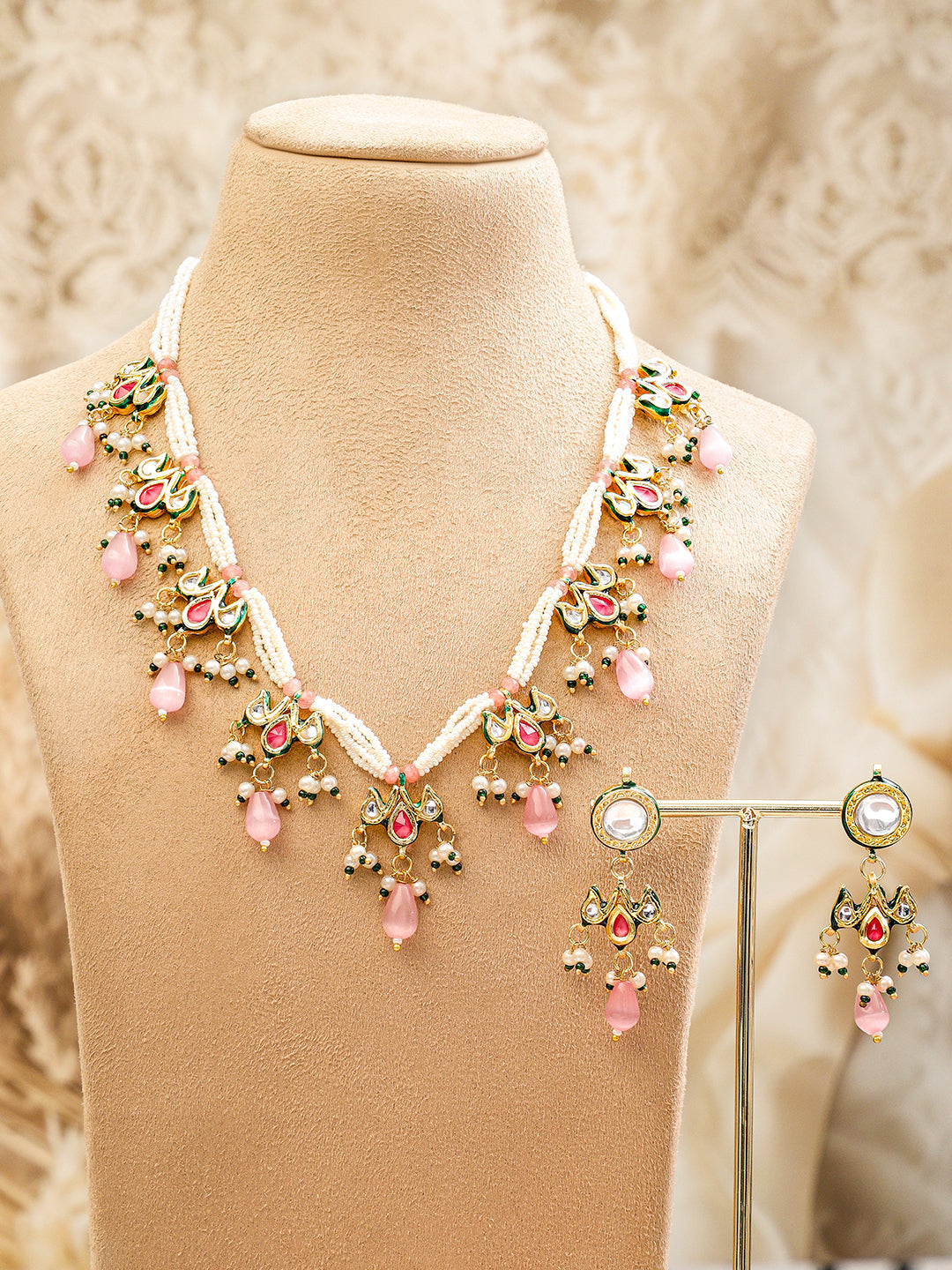 Dreamy Pink Kundan Pearl Necklace Set Multicolor
