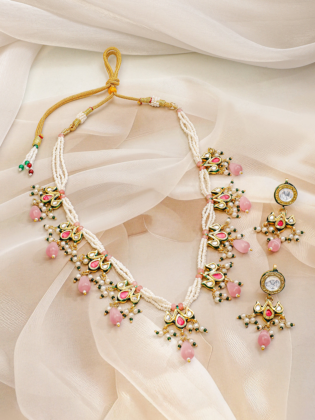 Dreamy Pink Kundan Pearl Necklace Set Multicolor