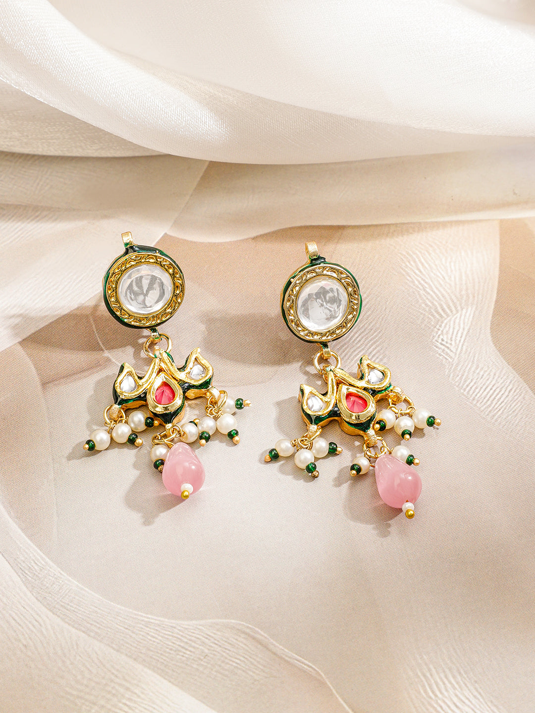 Dreamy Pink Kundan Pearl Necklace Set Multicolor