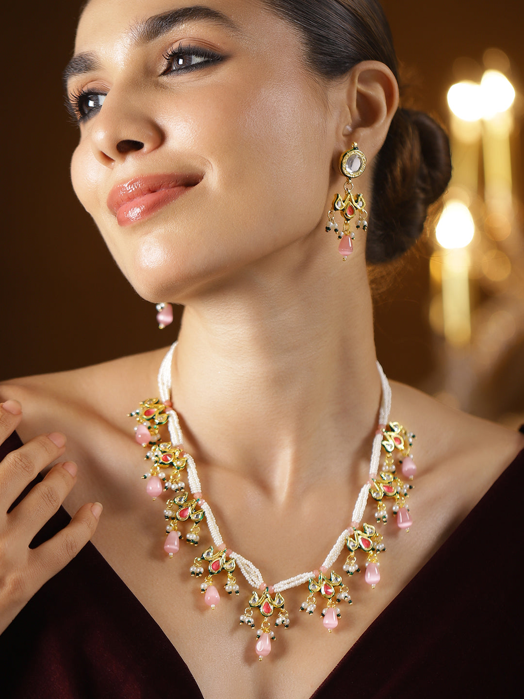 Dreamy Pink Kundan Pearl Necklace Set White