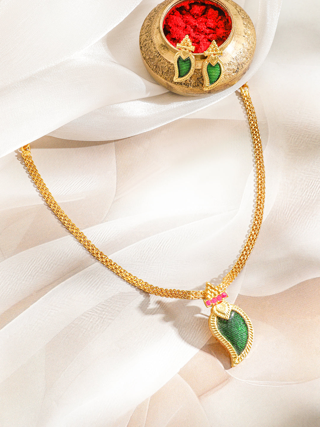 Emerald Green Leaf Pendant Necklace Set フリーサイズ