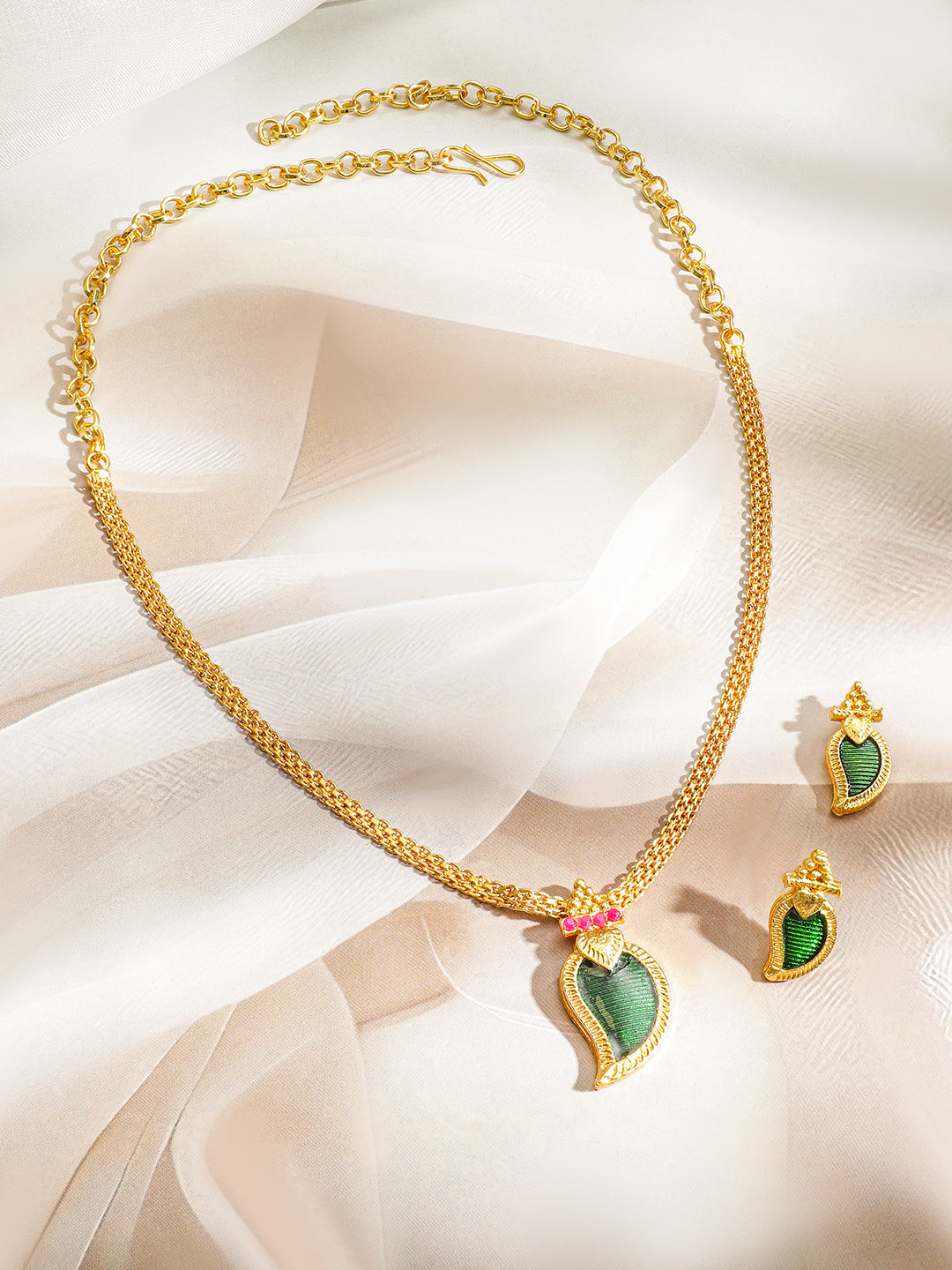 Emerald Green Leaf Pendant Necklace Set フリーサイズ