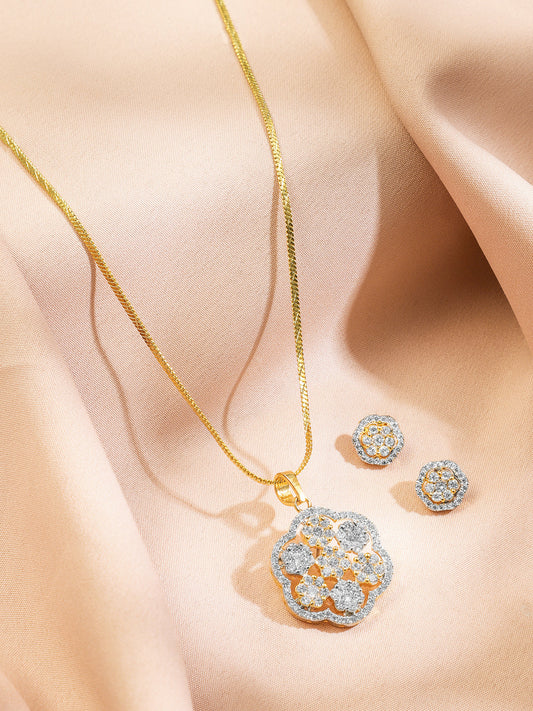 American Diamond Zirconia Floral Pendant Set Gold