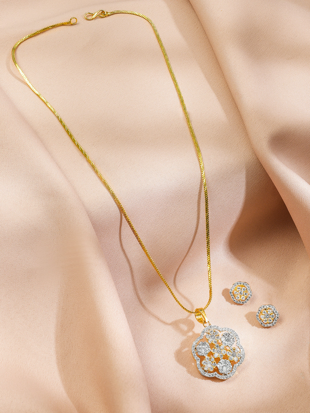 American Diamond Zirconia Floral Pendant Set Gold