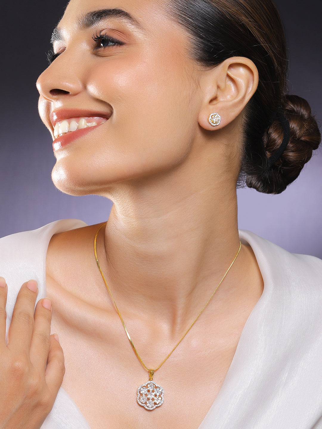 American Diamond Zirconia Floral Pendant Set Gold