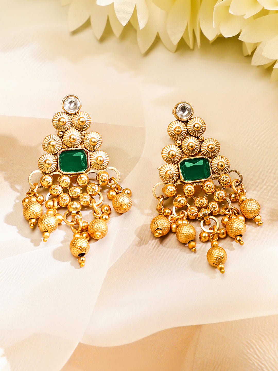 Green Studded Gold Drops Choker Set Emerald Green