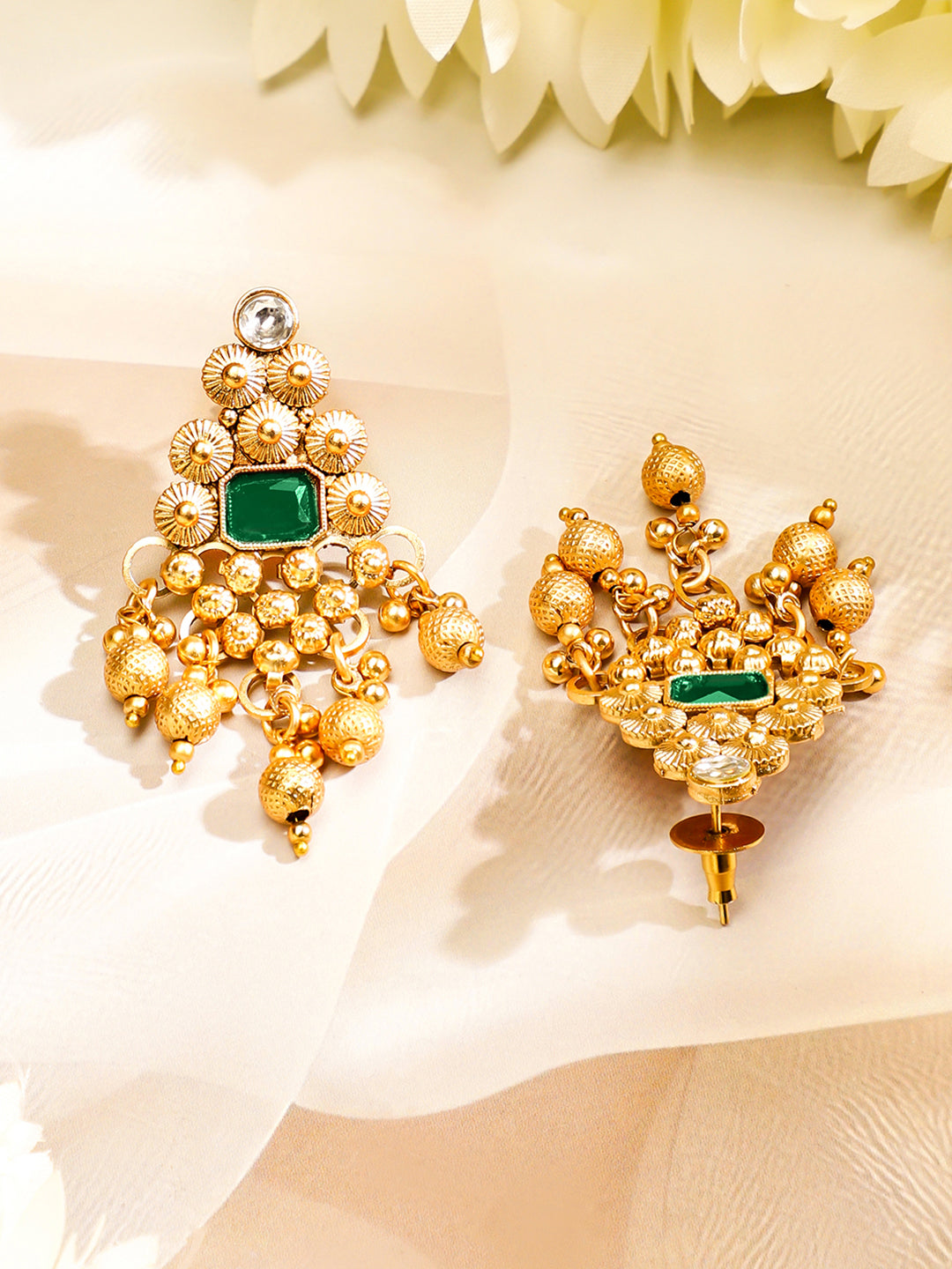 Green Studded Gold Drops Choker Set Emerald Green