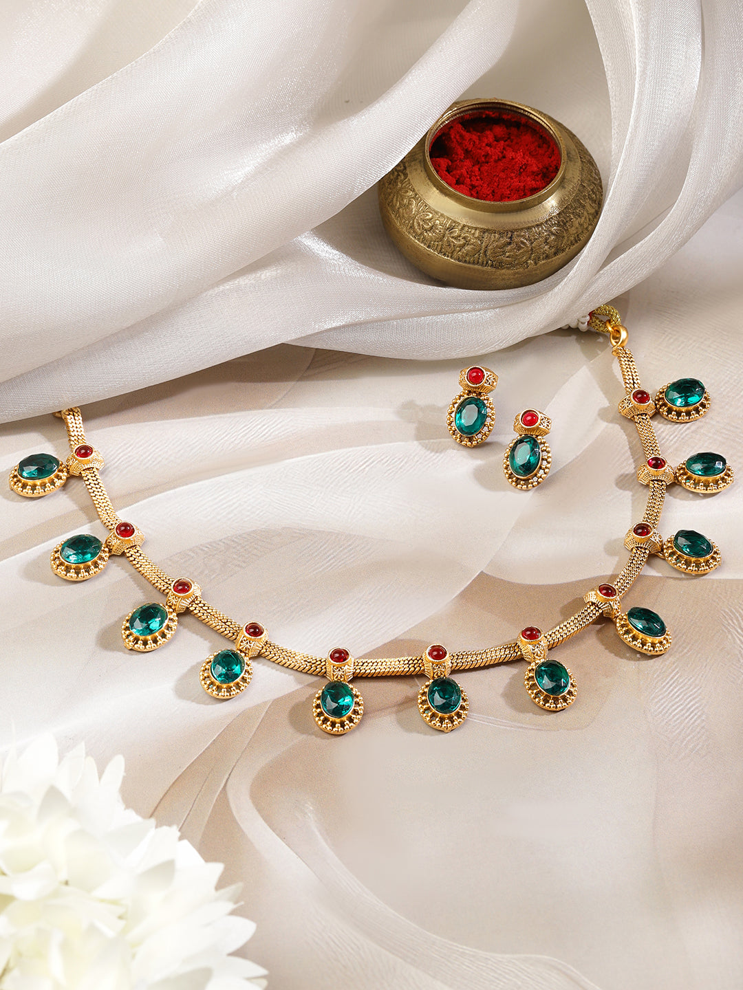 Green & Red Studded Gold Necklace Set フリーサイズ