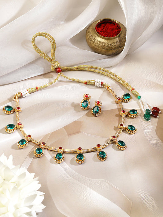 Green & Red Studded Gold Necklace Set フリーサイズ