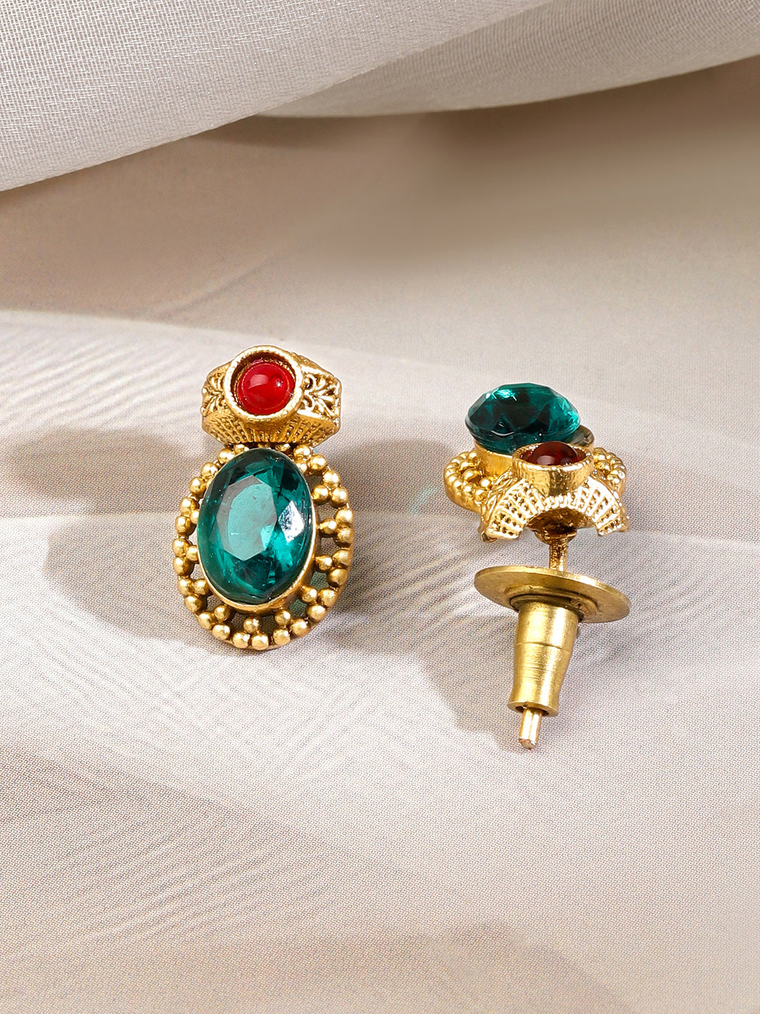 Green & Red Studded Gold Necklace Set フリーサイズ