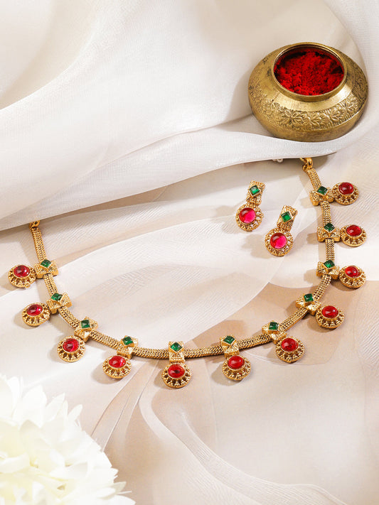 Green & Red Studded Golden Necklace Set フリーサイズ