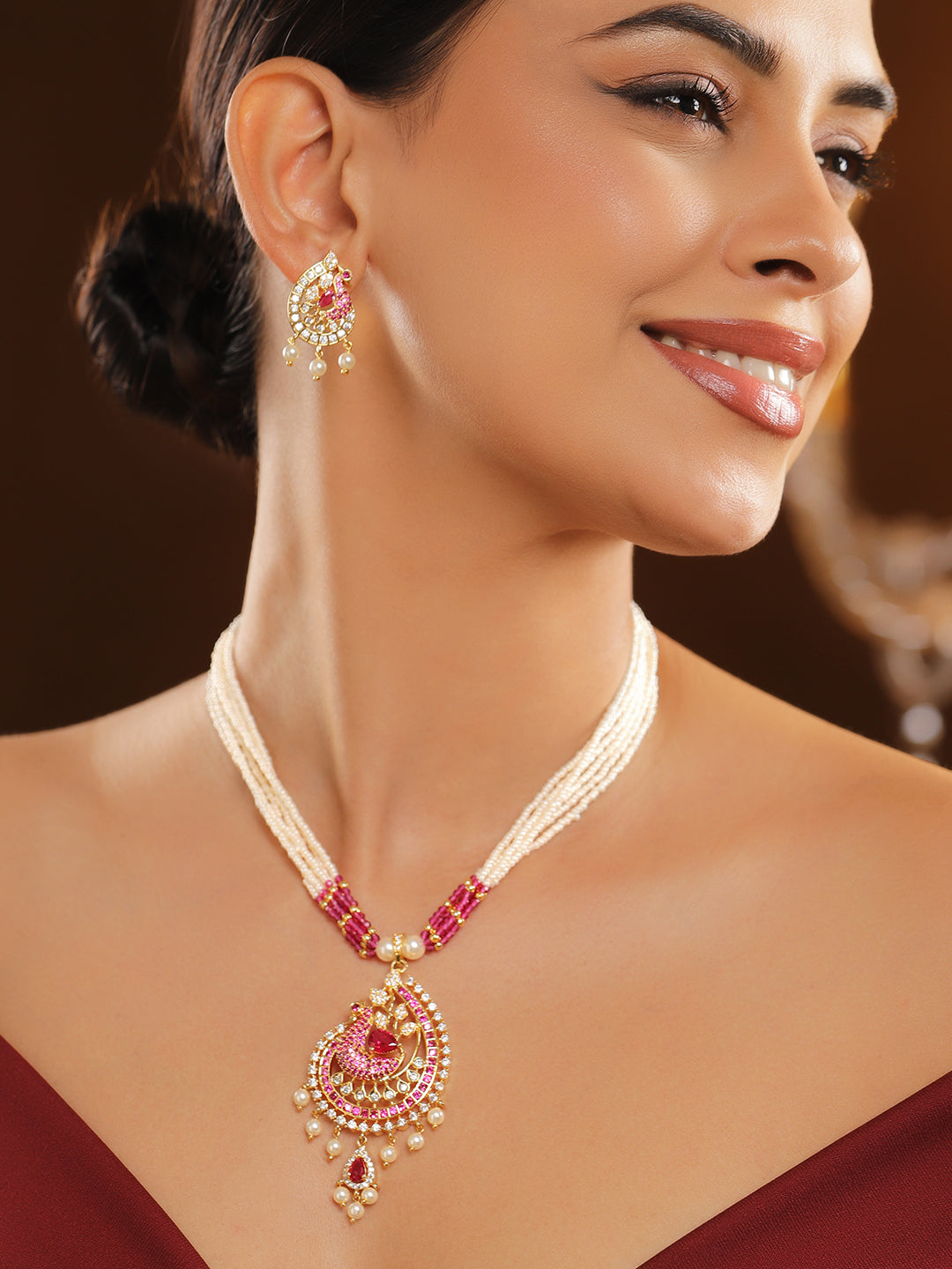 Pink & White American Diamond Zirconia Pearl Necklace Set フリーサイズ