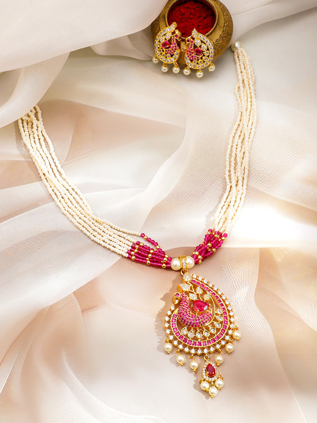 Pink & White American Diamond Zirconia Pearl Necklace Set フリーサイズ
