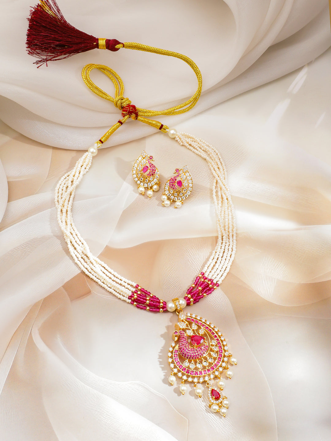 Pink & White American Diamond Zirconia Pearl Necklace Set フリーサイズ