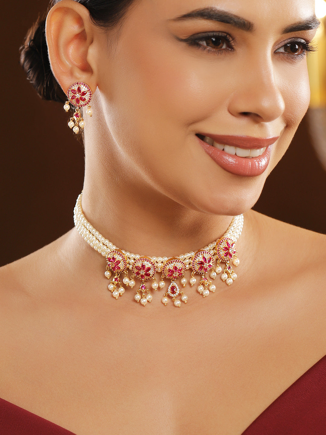 Handcrafted Floral Pink & Pearl Necklace Set フリーサイズ