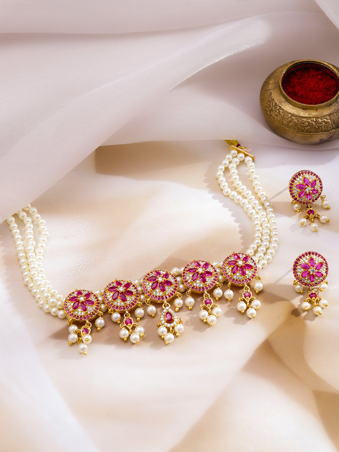 Handcrafted Floral Pink & Pearl Necklace Set フリーサイズ