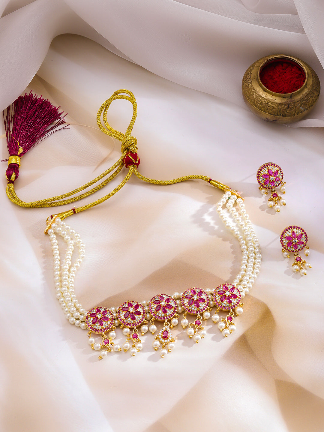 Handcrafted Floral Pink & Pearl Necklace Set フリーサイズ