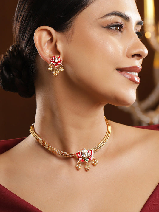 Lotus Motif Pearl Drop Red Choker Set フリーサイズ