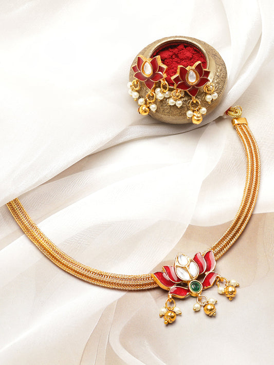 Lotus Motif Pearl Drop Red Choker Set フリーサイズ