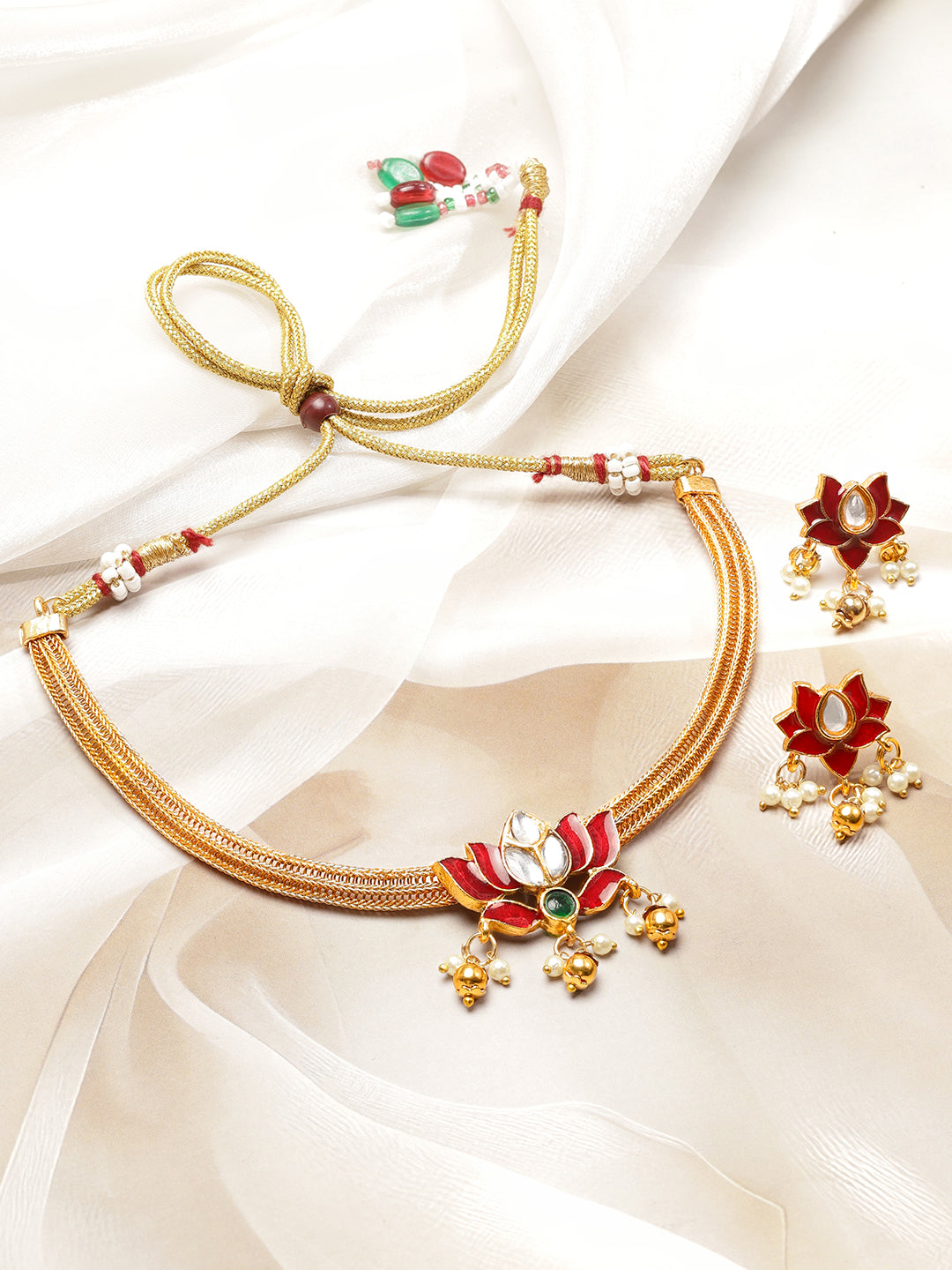 Lotus Motif Pearl Drop Red Choker Set フリーサイズ