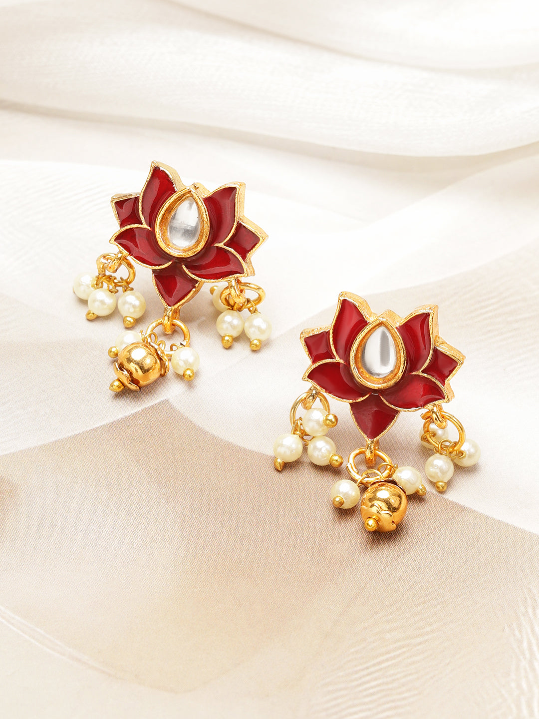 Lotus Motif Pearl Drop Red Choker Set フリーサイズ