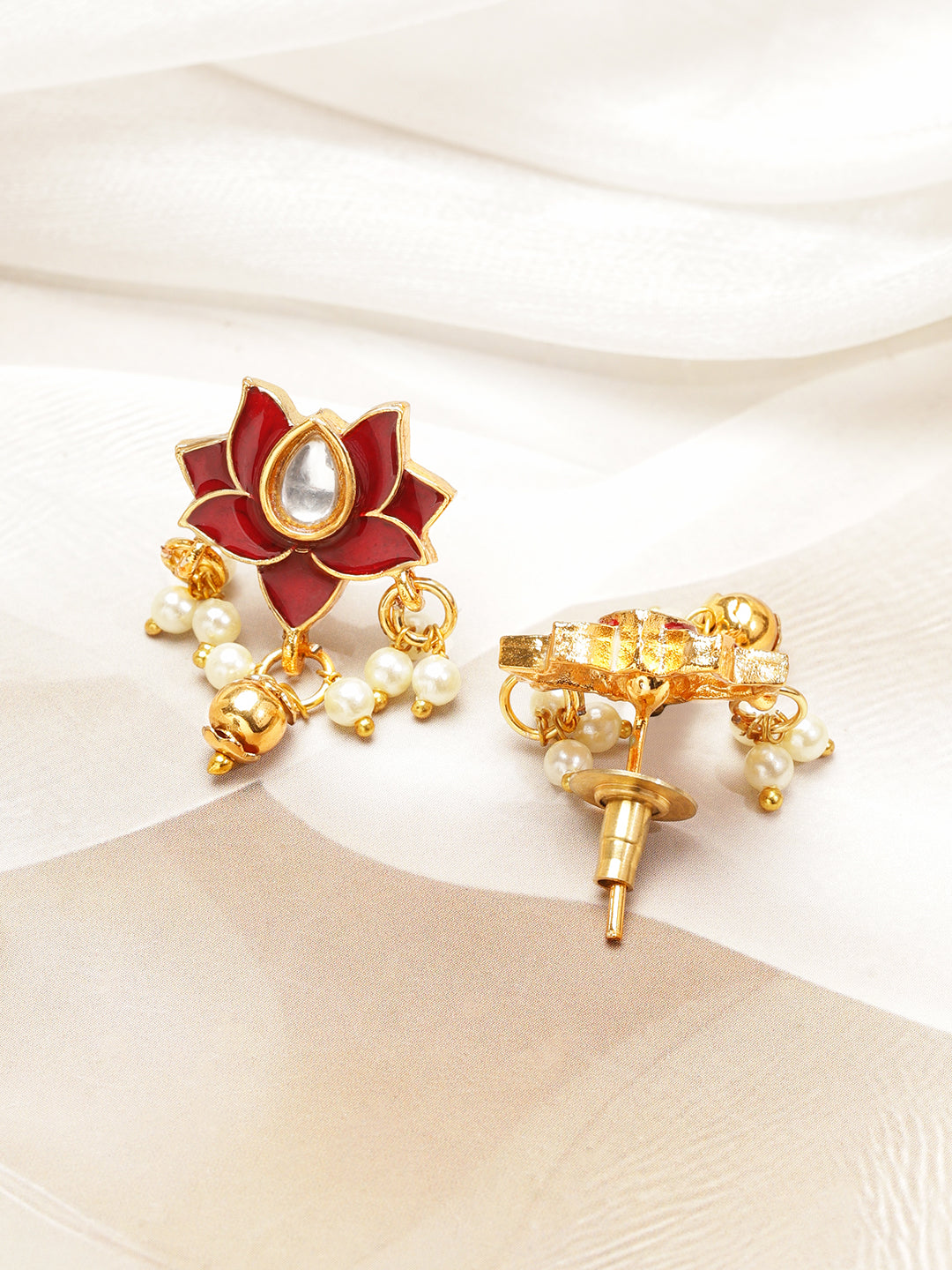 Lotus Motif Pearl Drop Red Choker Set フリーサイズ