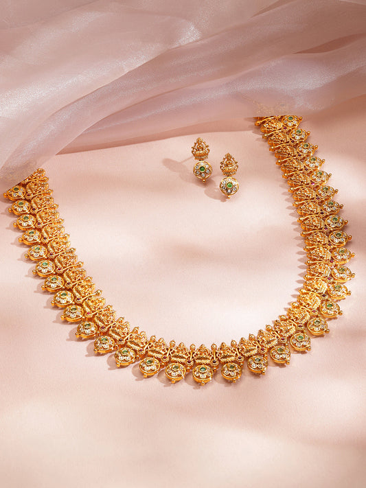 White Studded Laxmi Motif Gold Necklace Set フリーサイズ