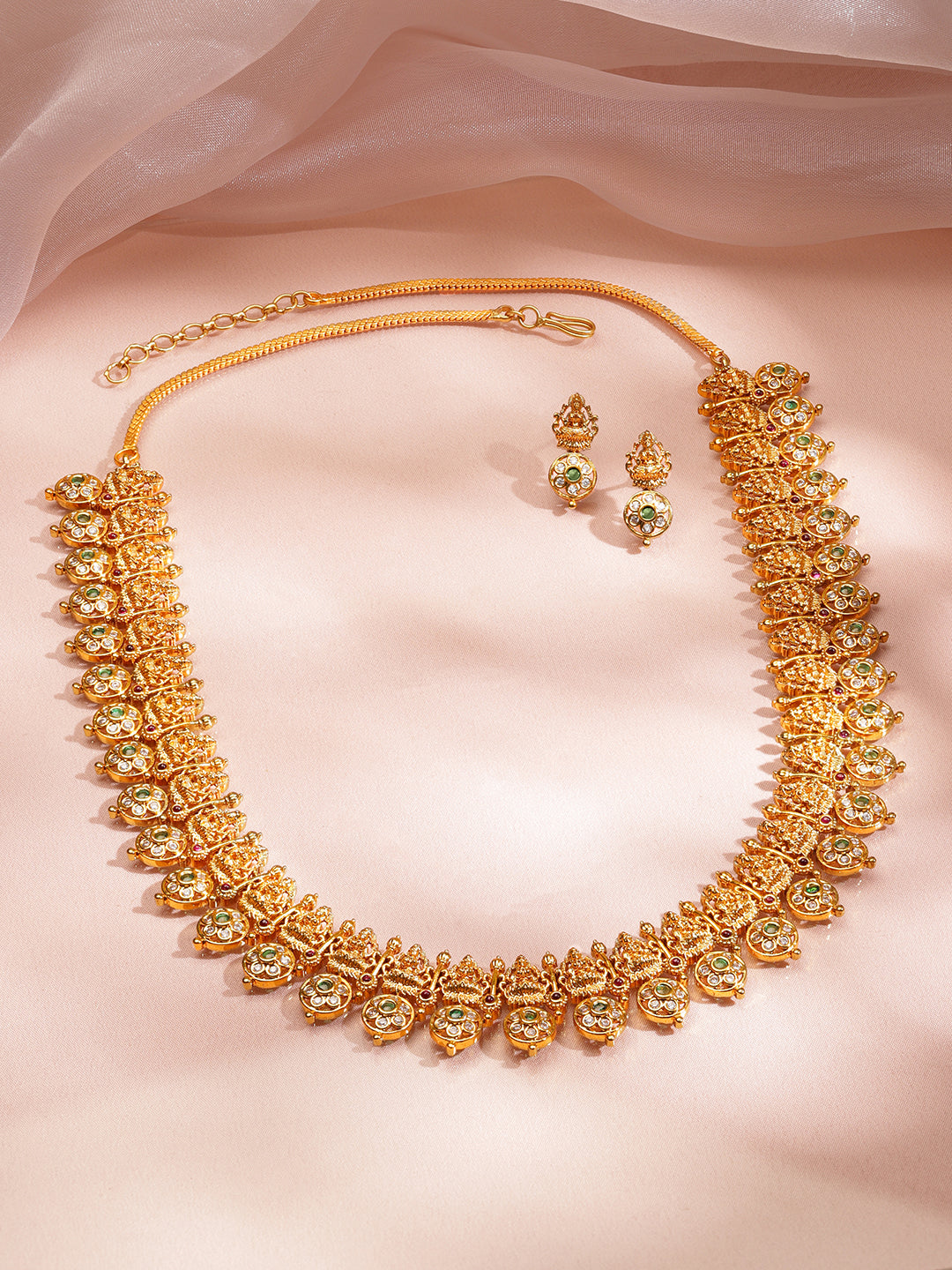 White Studded Laxmi Motif Gold Necklace Set フリーサイズ