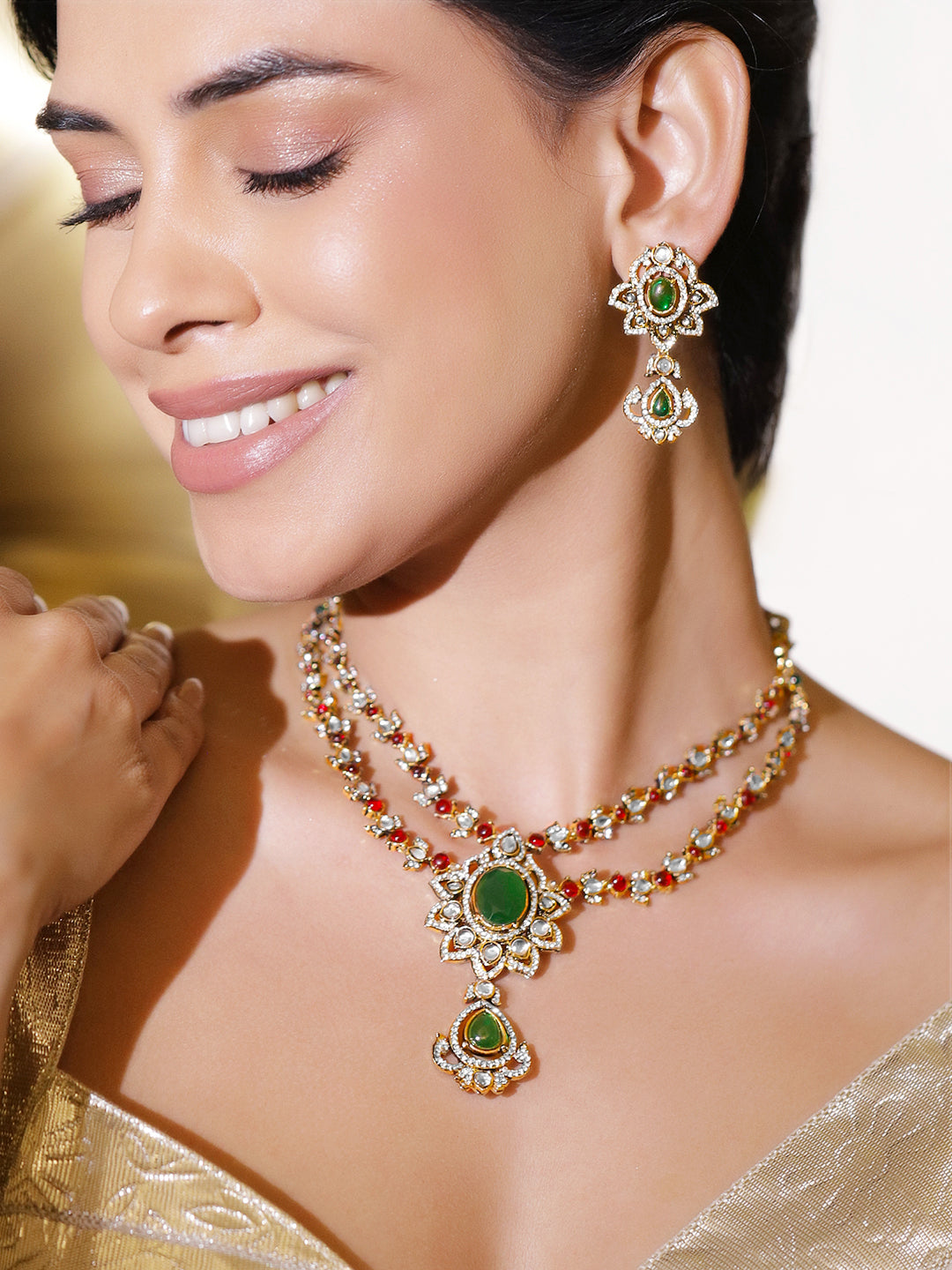 Art Deco Emerald Rose Necklace Set フリーサイズ