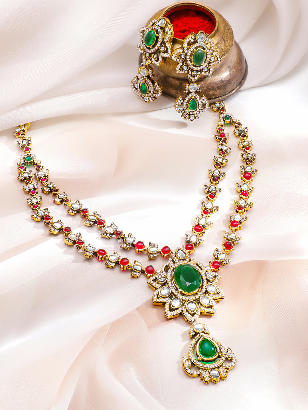 Art Deco Emerald Rose Necklace Set フリーサイズ