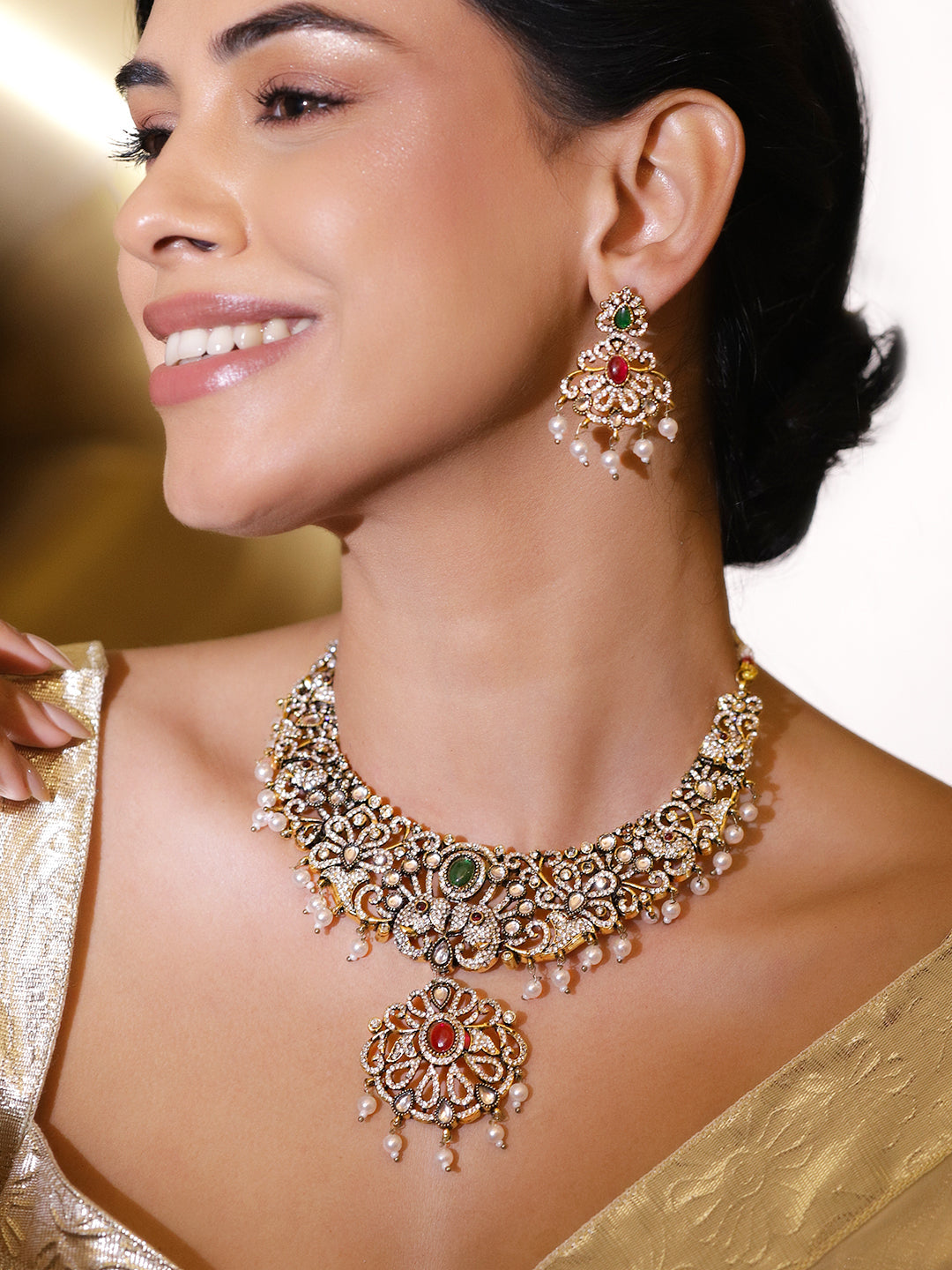 American Diamond Zirconia Pearl Necklace Set フリーサイズ