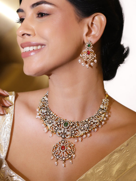 American Diamond Zirconia Pearl Necklace Set フリーサイズ