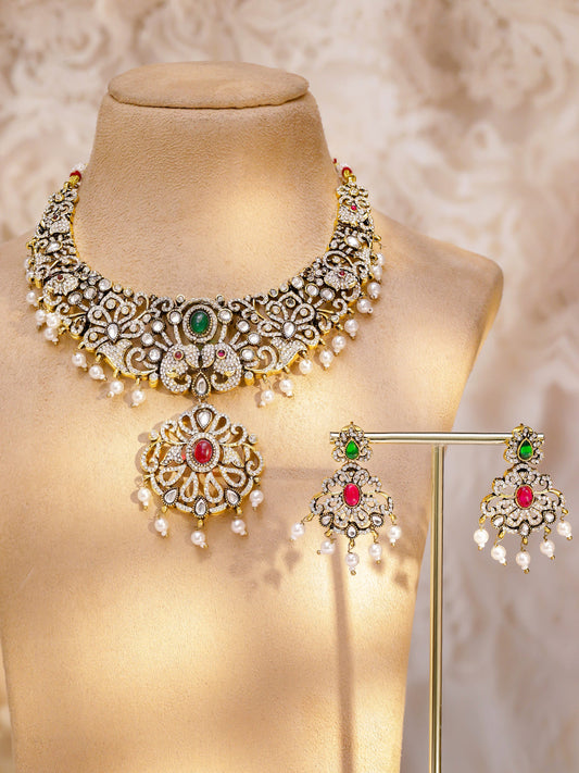 American Diamond Zirconia Pearl Necklace Set フリーサイズ