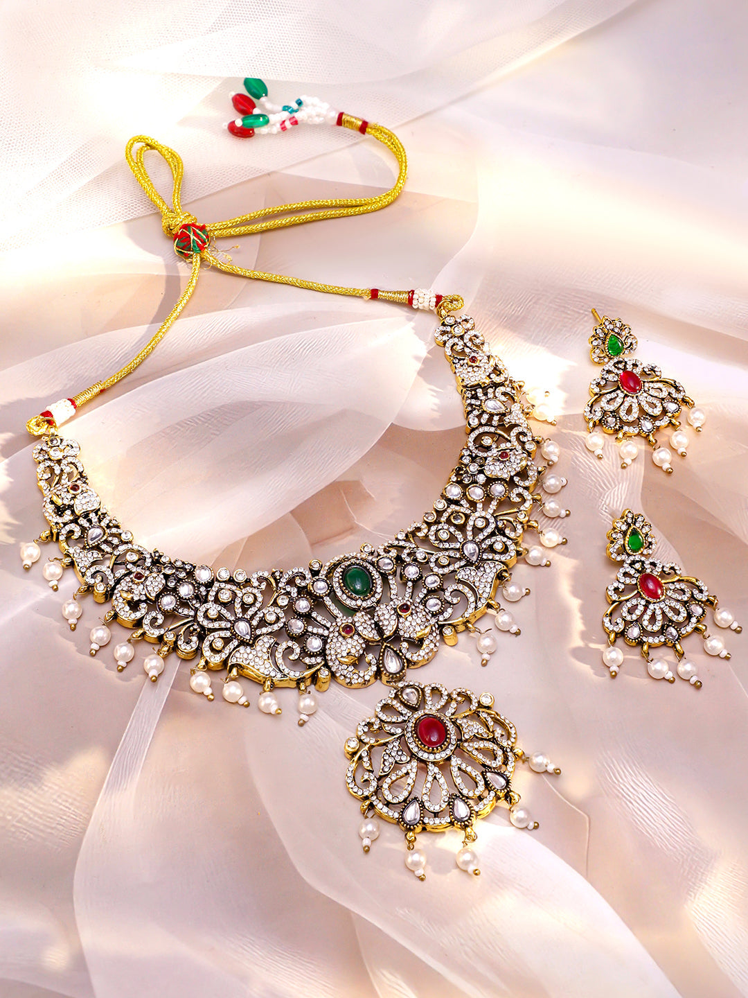 American Diamond Zirconia Pearl Necklace Set フリーサイズ